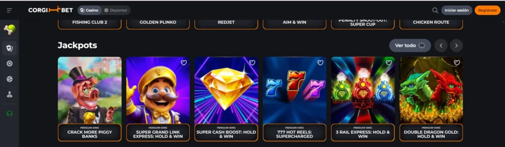 Sección "Jackpots" en Corgibet destacando juegos con botes acumulados disponibles en España.