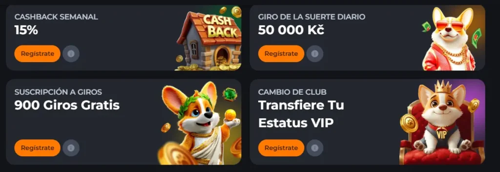 Sección de promociones de Corgibet en español detallando reembolsos, giros gratis y ventajas VIP.