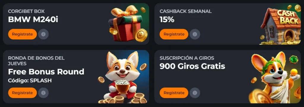 Cuatro paneles promocionales de Corgibet destacando ofertas semanales, giros gratis y códigos de bono.
