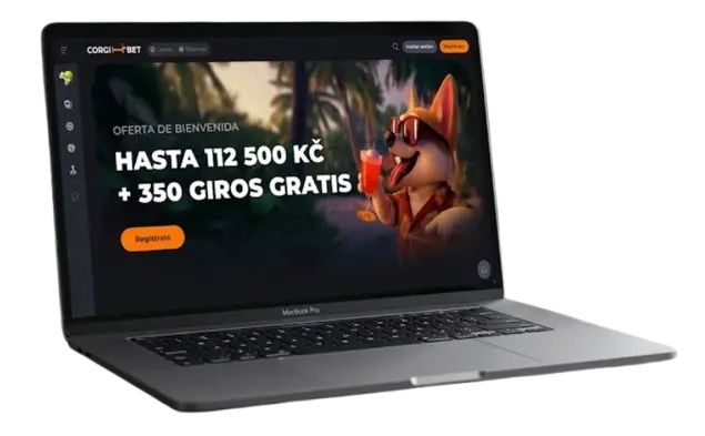 En un ordenador portátil se muestra la página web del casino online Corgibet, con una oferta de bienvenida en la que aparece un perro corgi sosteniendo una bebida.