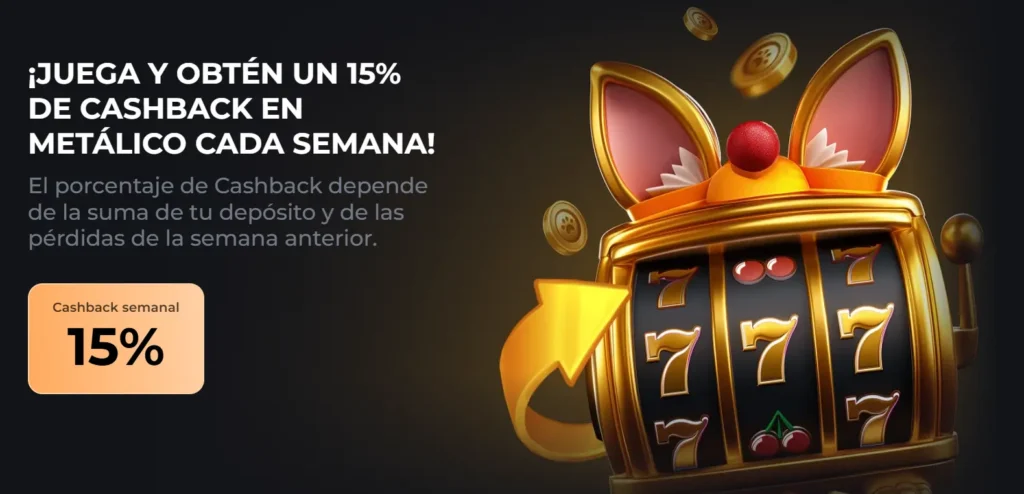 Una máquina tragamonedas dorada con orejas de corgi que promociona un bono de reembolso semanal del 15%.