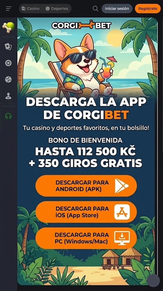Banner promocional de la app de Corgibet con botones de descarga para Android, iOS y PC.