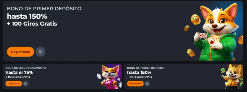 Banners interactivos de Corgibet que detallan los tres primeros bonos de depósito disponibles.