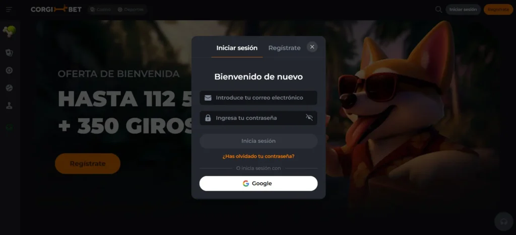 Ventana emergente de inicio de sesión de Corgibet en español con opción de acceso mediante Google.