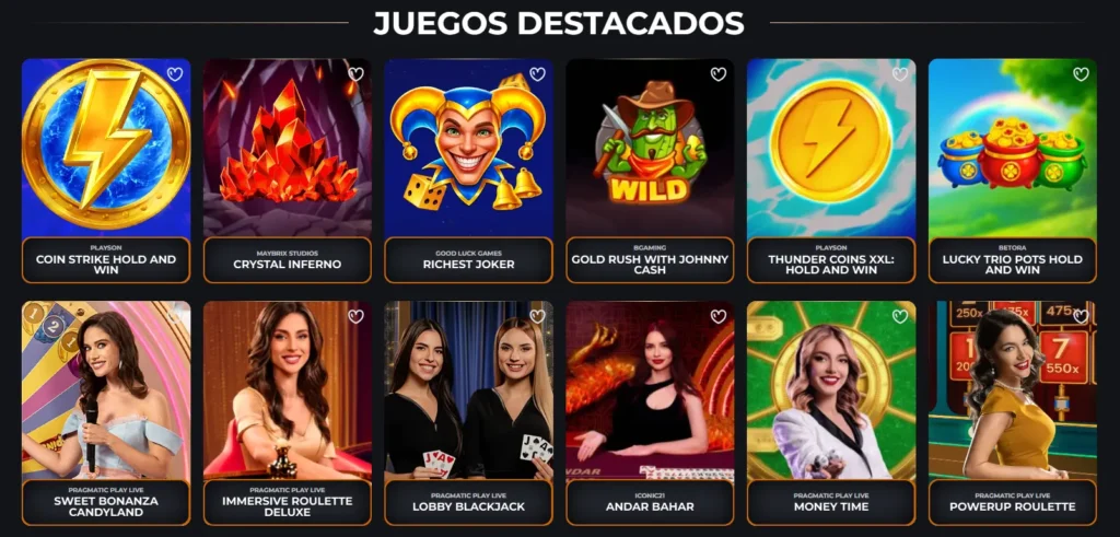 En la sección "Juegos Destacados" del casino corgibet se muestran diversos juegos de tragamonedas populares y títulos con crupier en vivo.