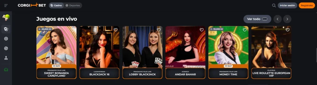 Sección "Juegos en vivo" de Corgibet destacando ruletas y salas de blackjack en directo.