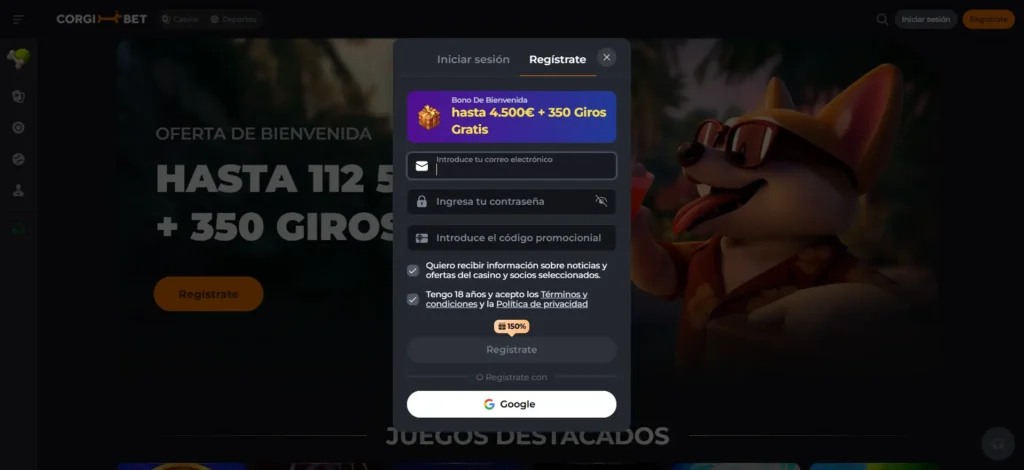 Formulario de inicio de sesión de Corgibet en español con opciones de correo y acceso con Google.